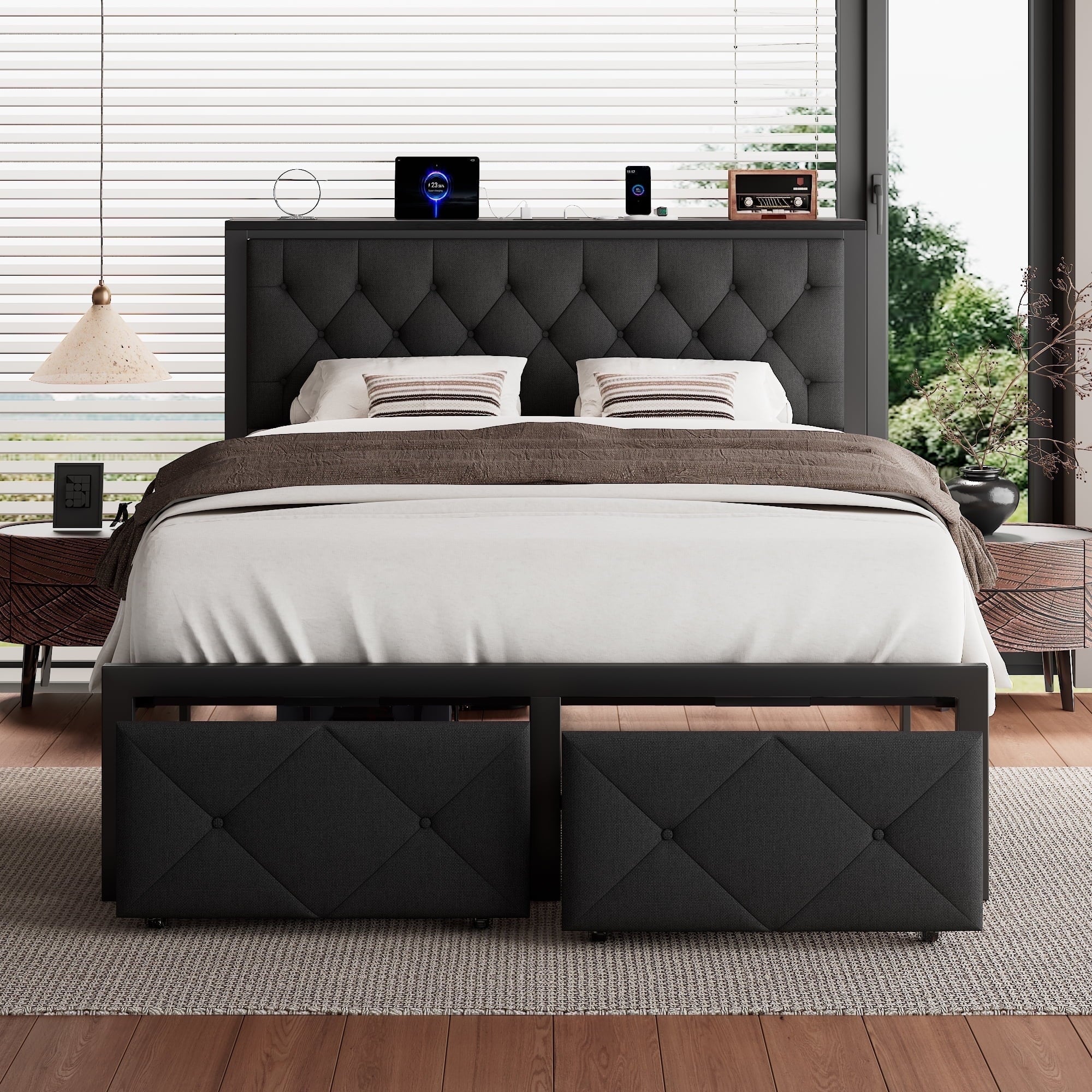 iPormis Full Bed Frame with 2 Drawers, Metal Platform Bed with Chargin