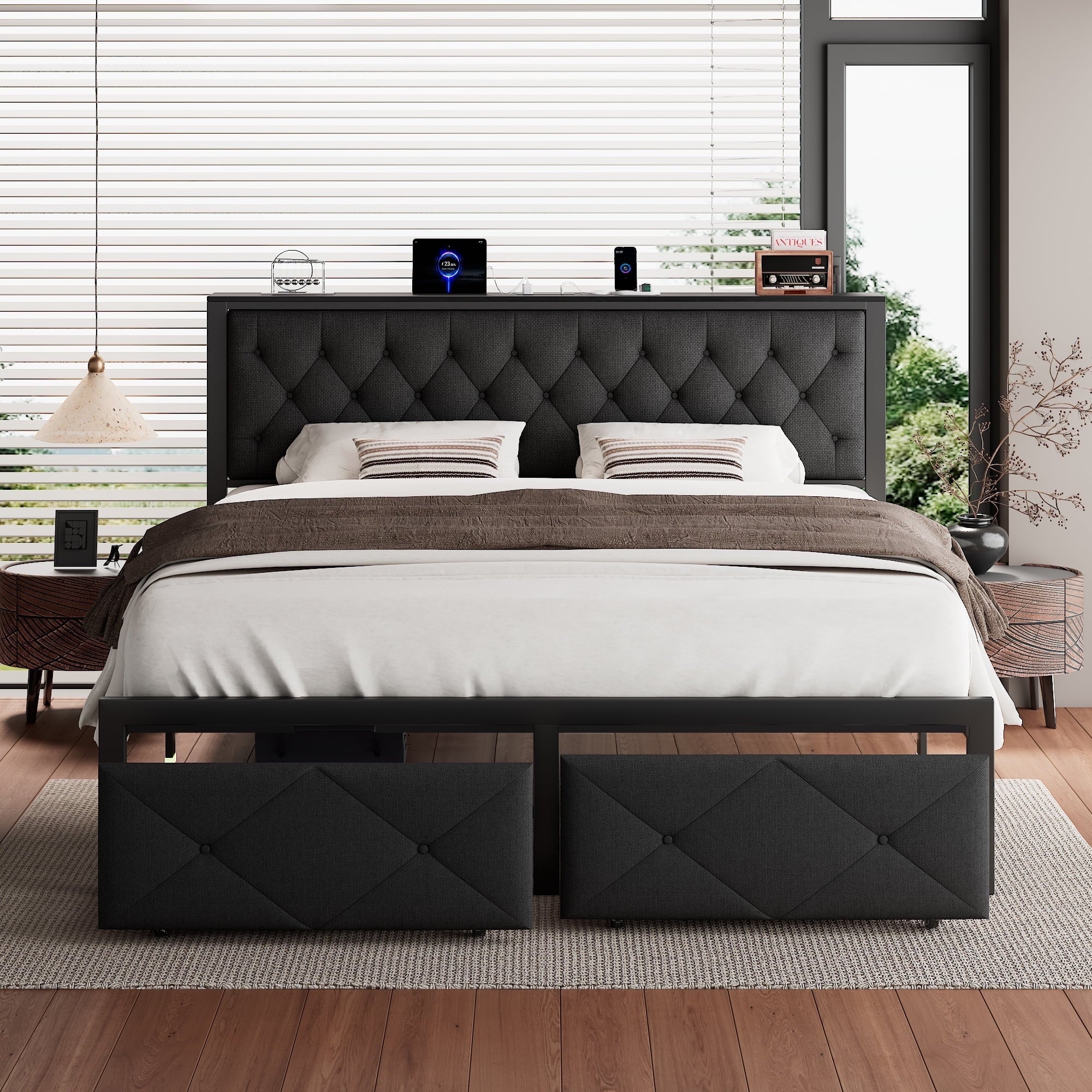 iPormis Full Bed Frame with 2 Drawers, Metal Platform Bed with Chargin