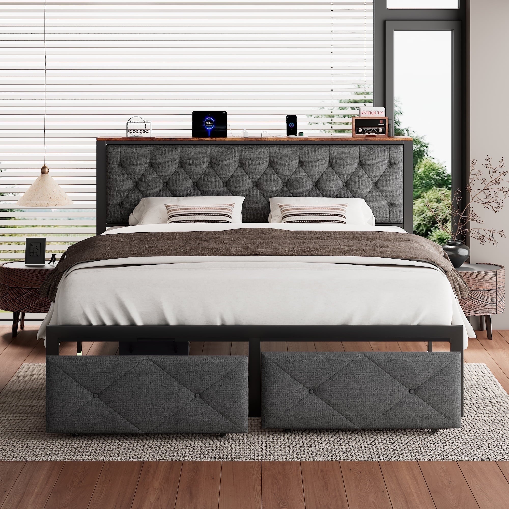 iPormis Full Bed Frame with 2 Drawers, Metal Platform Bed with Chargin