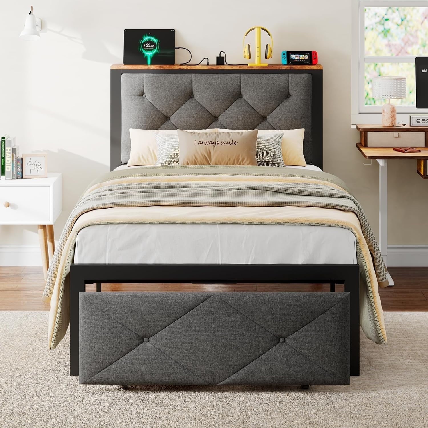 iPormis Full Bed Frame with 2 Drawers, Metal Platform Bed with Chargin